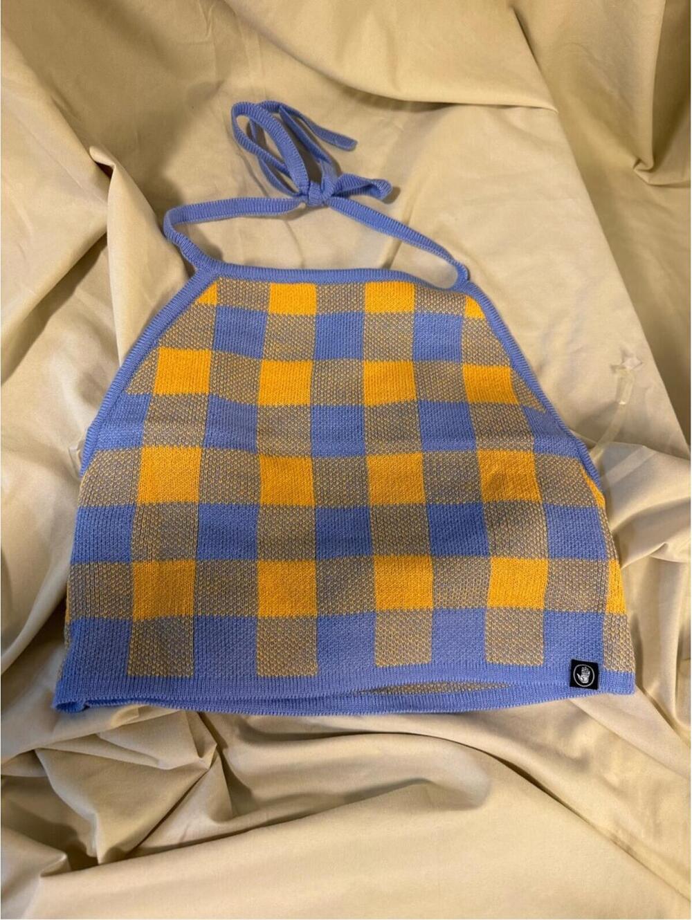 Size Large Body Glove Blue and Yellow Check Halter Knit Top